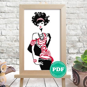 Lady Cross Stitch Pattern, Girl With a Bag Silhouette Pattern, Cross Stitch Woman Pattern, People Embroidery Silhouettes, PDF download