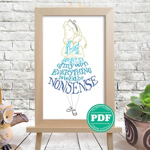 Alice nel Paese delle Meraviglie Schema punto croce senza senso Silhouette di cartone animato Ricamo motivazionale a punto croce Regalo fatto a mano PDF - SOLO MODELLO