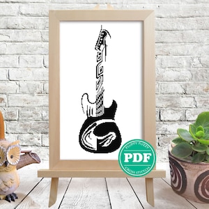 Guitar Cross Stitch Pattern, Monochrome Pattern, Musical Instrument Cross Stitch Pattern, Flower ornament, PDF - PATTERN ONLY