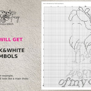 May include: Black and white cross stitch pattern of a bird with the text "A part of my own" below it.