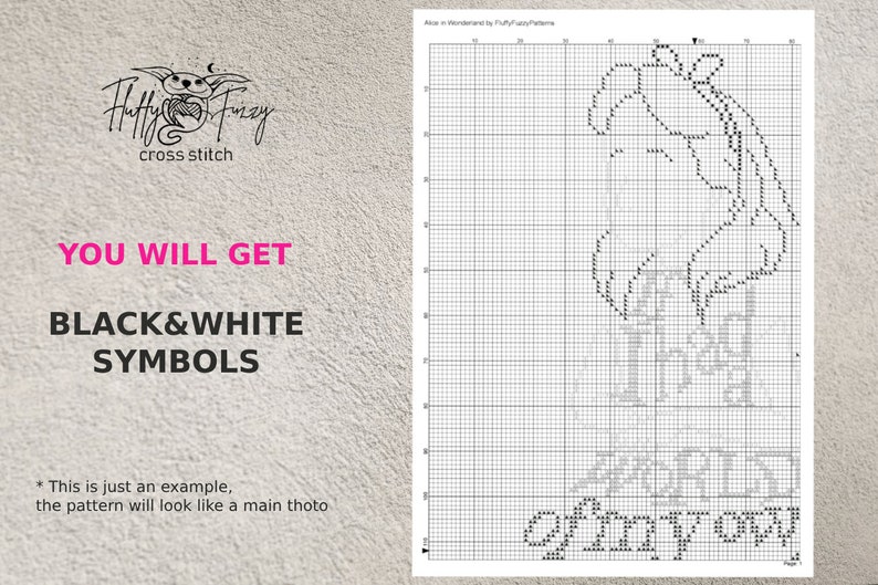 May include: Black and white cross stitch pattern of a bird with the text "A part of my own" below it.