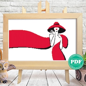 Lady With Long Red Scarf Cross Stitch Pattern Black and Red Girl Silhouette Elegant Woman Pattern Shick People Embroidery Counted Chart