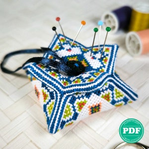 Tulip Biscornu Cross Stitch Pattern Colorful Nordic Ornament Pincushion Flower Shaped Embroidery Counted Chart PDF - PATTERN ONLY