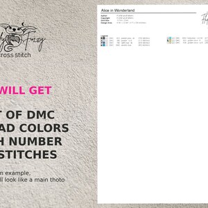 May include: A digital download pattern for cross stitch featuring Alice in Wonderland. The pattern includes a list of DMC thread colors with the number of stitches needed for each color. The pattern is designed by Fluffy Fuzzy cross stitch.