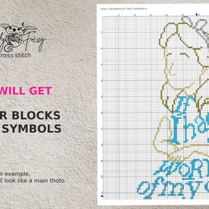 May include: Cross stitch pattern featuring a girl with blonde hair and the text "If I had a world of my own".