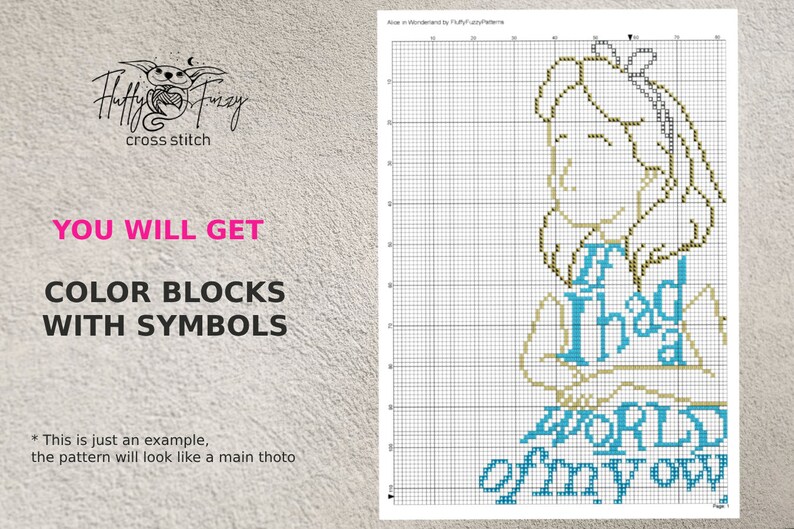 May include: Cross stitch pattern featuring a girl with blonde hair and the text "If I had a world of my own".