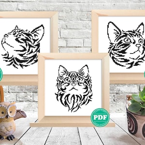Conjunto de padrões de ponto cruz de gato simples, bordado de silhueta de animal monocromático, fácil de fazer, gráfico de contagem de gatinho retrô em PDF - SOMENTE PADRÃO