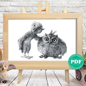 May include: A black and white cross stitch pattern featuring two owls. The owl on the left is standing on one leg and has its wing outstretched. The owl on the right is sitting down and has its wings folded. The pattern is titled "Fluffy Fuzzy PDF Cross Stitch".