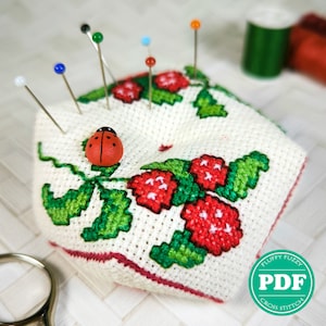 Strawberry Cross Stitch Pincushion Pattern Simple Classic Biscornu Handmade Nature Berries DIY Gift Beginners Floral Home Decoration
