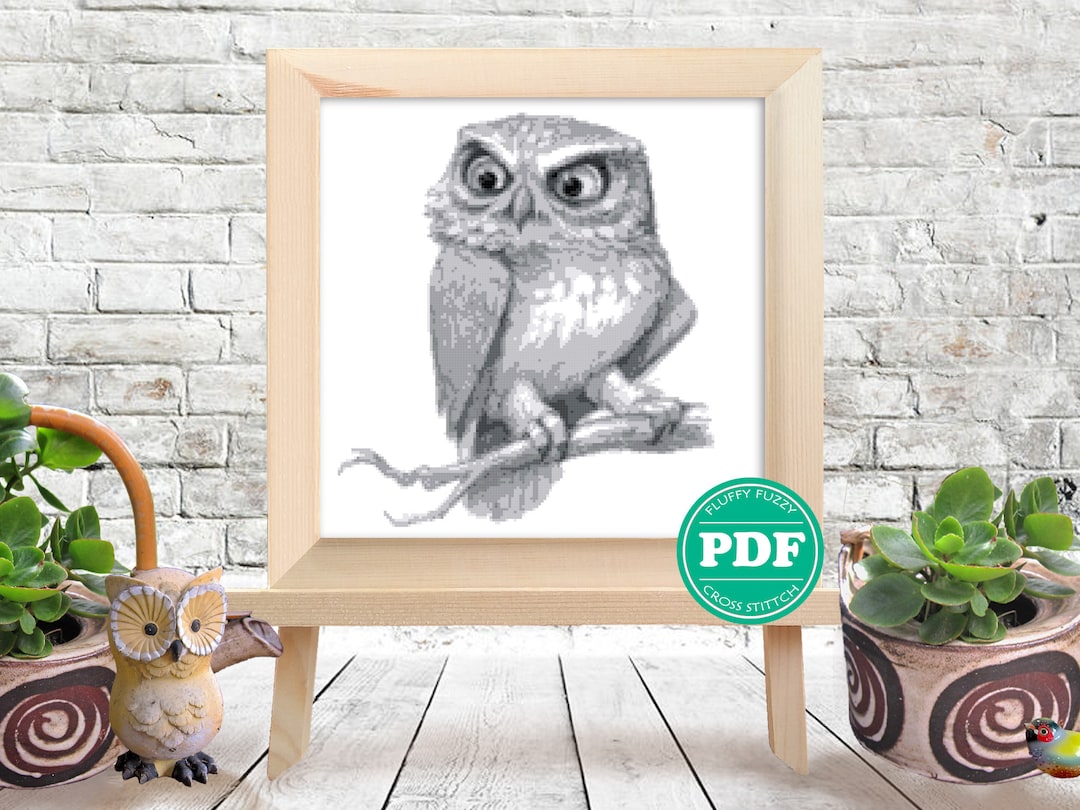 Grumpy Owl on A Branch Cross Stitch Pattern, Animal Embroidery, Black ...
