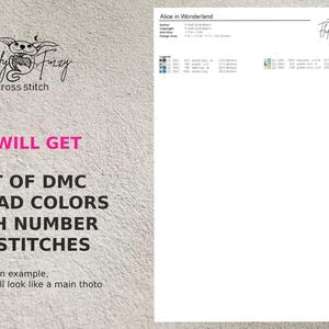 May include: A digital cross stitch pattern for "Alice in Wonderland" with a list of DMC thread colors and stitch counts. The pattern is designed by "Fluffy Fuzzy Cross Stitch".