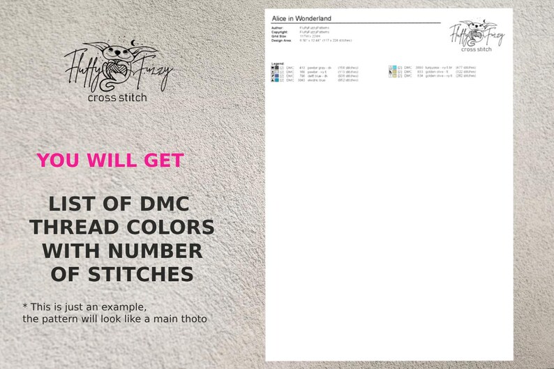 May include: A digital cross stitch pattern for "Alice in Wonderland" with a list of DMC thread colors and stitch counts. The pattern is designed by "Fluffy Fuzzy Cross Stitch".