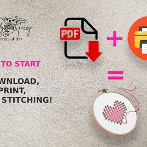 May include: A graphic showing how to start a cross stitch project. The graphic shows a PDF file being downloaded to a printer, which then prints out a pattern. The pattern is then used to create a cross stitch design on a hoop.
