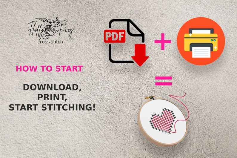 May include: A graphic showing how to start a cross stitch project. The graphic shows a PDF file being downloaded to a printer, which then prints out a pattern. The pattern is then used to create a cross stitch design on a hoop.