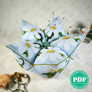 Cross Stitch Biscornu Pattern 15-sided Lotus Large Daisy Blue Xstitch Embroidery Home Decor Pattern, PDF - PATTERN ONLY