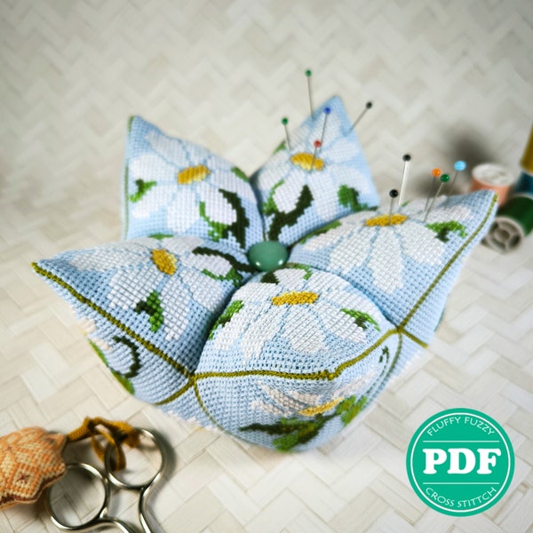 Cross Stitch Biscornu Pattern 15-sided Lotus Large Daisy Blue Xstitch Embroidery Home Decor Pattern, PDF - PATTERN ONLY