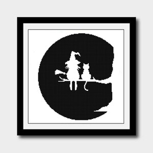 May include: Black and white silhouette of a witch and a cat sitting on a branch in front of a full moon.