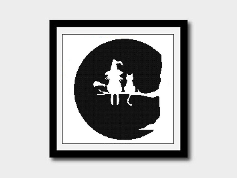 May include: Black and white silhouette of a witch and a cat sitting on a branch in front of a full moon.