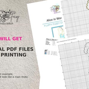 May include: A cross stitch pattern for Alice in Wonderland, featuring a close-up of Alice's face. The pattern is available as a digital download and includes several PDF files for printing. The pattern is designed by Fluffy Fuzzy Cross Stitch.