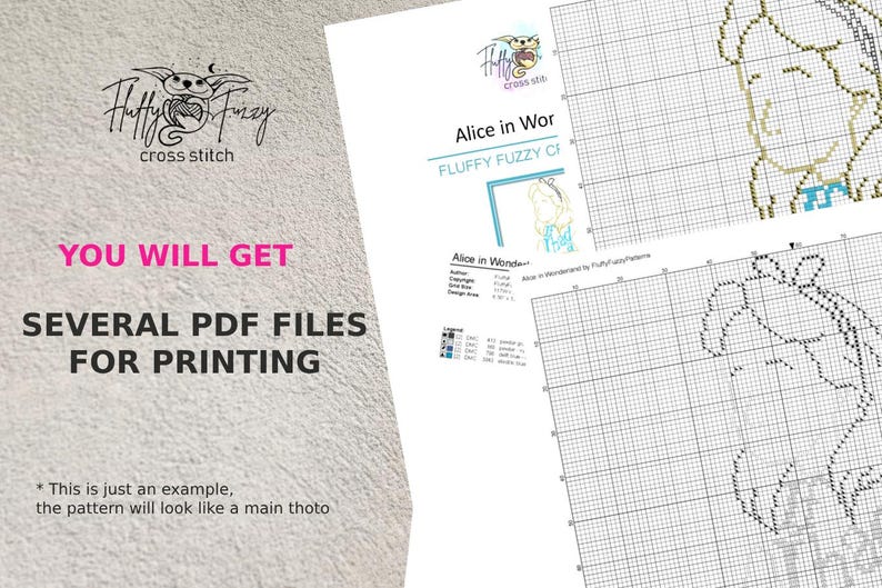 May include: A cross stitch pattern for Alice in Wonderland, featuring a close-up of Alice's face. The pattern is available as a digital download and includes several PDF files for printing. The pattern is designed by Fluffy Fuzzy Cross Stitch.