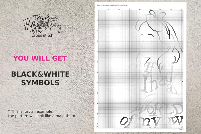 May include: Black and white cross stitch pattern of a unicorn with the text "The world of my own".