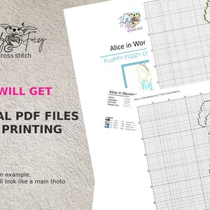 May include: A cross stitch pattern for Alice in Wonderland featuring a close-up of Alice's face. The pattern is labeled "Alice in Wonderland" and "Fluffy Fuzzy Creations". The text "You will get several PDF files for printing" is also included.