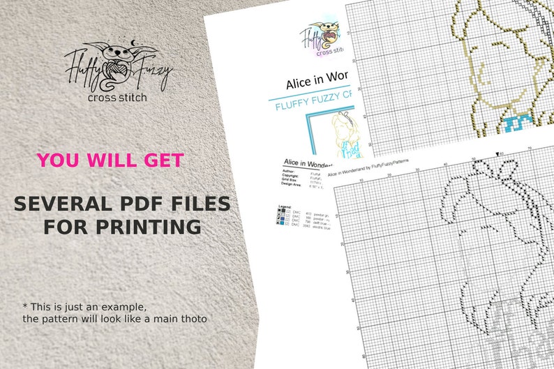 May include: A cross stitch pattern for Alice in Wonderland featuring a close-up of Alice's face. The pattern is labeled "Alice in Wonderland" and "Fluffy Fuzzy Creations". The text "You will get several PDF files for printing" is also included.