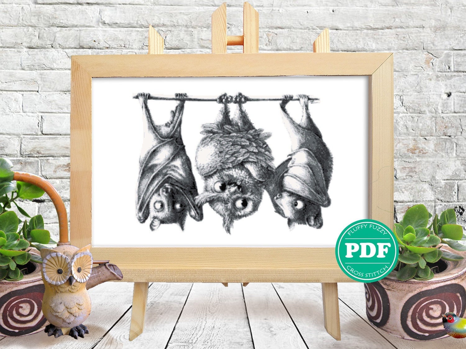 Two Bats and an Owl Cross Stitch Pattern, Cute Animal Embroidery, Black & White Birds, Monochrom