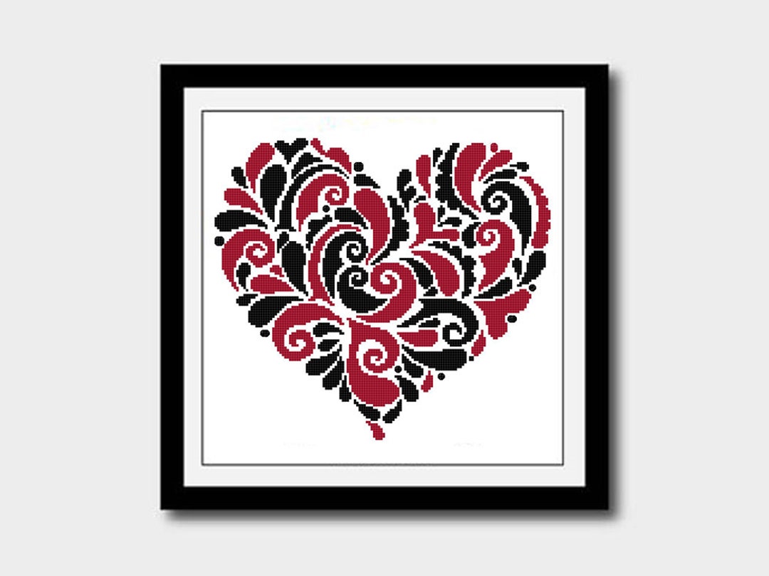 Heart Cross Stitch Pattern, Black and Red Silhouette Pattern
