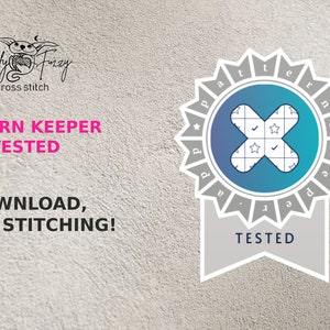 May include: A blue and white badge with the text "Pattern Keeper Tested" and a cross stitch pattern inside. The badge is on a gray textured background with the text "Fluffy Fuzzy cross stitch" and "PATTERN KEEPER TESTED DOWNLOAD, START STITCHING!" in pink.
