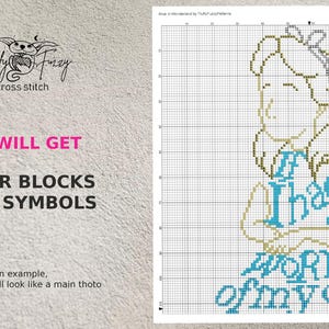 May include: Cross stitch pattern featuring a cartoon girl with blonde hair and a blue dress. The text "If I had a world of my own" is stitched below the girl.