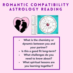 May include: A pink background with a heart shape containing a black silhouette of a couple. The text "ROMANTIC COMPATIBILITY ASTROLOGY READING" is at the top of the image. Below the heart is a list of questions: "What is the chemistry or dynamic between you and your partner? Is this a good fit long-term? What challenges do you need to know about? What spiritual lessons are you learning together?"