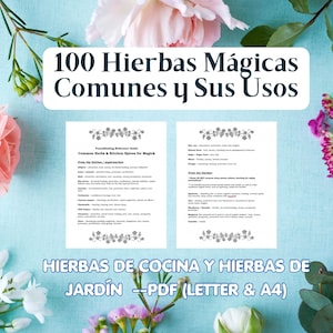 Könnte beinhalten: Ein digitaler Referenzleitfaden mit dem Titel 100 Hierbas Mágicas Comunes y Sus Usos, der zwei weiße Textseiten mit einer Liste gebräuchlicher Küchen- und Gartenkräuter für magische Zwecke zeigt, auf hellblauem Hintergrund mit rosa und weißen Blumen.