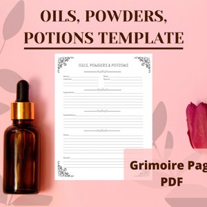 Page du grimoire : modèle d&#39;huiles, de poudres et de potions - PDF de sorcière (format US Letter et A4)