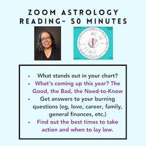 May include: A digital flyer for a Zoom Astrology Reading - 50 Minutes. It features a portrait of a person with glasses, an astrological birth chart, and a list of bullet points detailing services like chart analysis and future predictions.