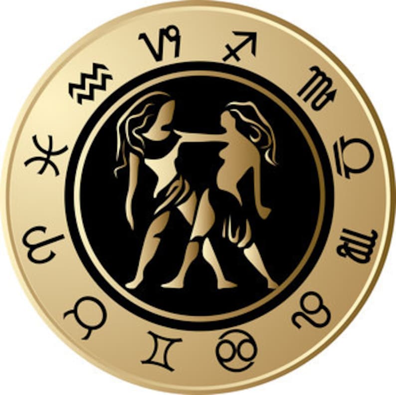May include: A gold circle with a black background and the astrological symbol for Gemini in the centre. The circle is surrounded by the astrological symbols for the other zodiac signs.