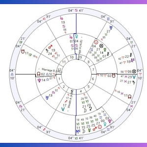 May include: A circular astrological chart featuring twelve segments with various planetary symbols, numerical degrees, and zodiac signs. The chart includes text labels such as Marriage A, Marriage B, and Wealth A, organised within a white background.