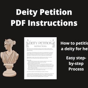 Op de afbeelding: Een printbare PDF-gids met instructies over hoe je een godheid om hulp kunt vragen. De gids bevat een lijntekening van een buste van een vrouw met een kroon en een tekstvak met de titel "Instructies voor een goddelijke petitie".
