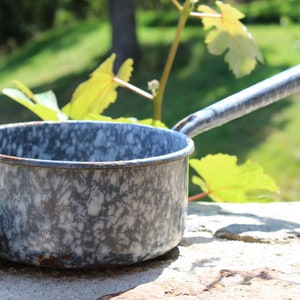 Old rustic enamel pan, French saucepan, blue marble enamel, vintage enamel caserole, French farmhouse chic, vintage enamelware image 1