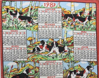 1987 Retro tea towel, 1987 tea towel, French vintage, calendar tea towel, dog tea towel, kitchen cloth, kitsch, hipster gift, 1987 calendar,