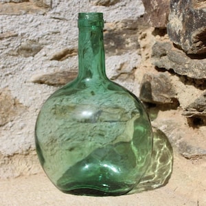 Vintage wine bottle, large oval bottle, wine bottle, 2 litre wine bottle, hand blown, demijohn, aqua green bottle, Mediterranean beach decor