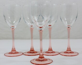 5 pink stemmed wine glasses, 15cl, long stemmed glasses, Luminarc, French vintage glasse, Rosaline pink glasses 1970's, 2 sets available