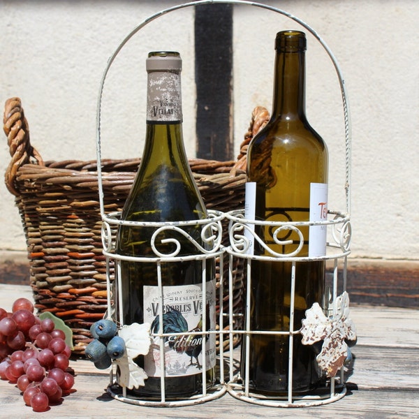 French vintage bottle carrier, toleware bottle holder, 2 bottle carrier, wine basket, French country life, enamel, French wine carrier.