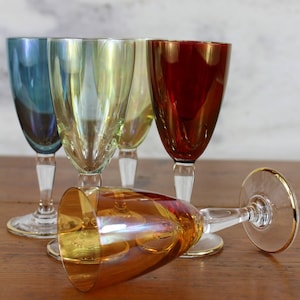 5 Harlequin glasses, multi-colored glasses, 5cl wine glasses, liquor glasses, French vintage, aperitif glasses, stemware, retro glassware.