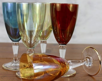 5 Harlequin glasses, multi-colored glasses, 5cl wine glasses, liquor glasses, French vintage, aperitif glasses, stemware, retro glassware.