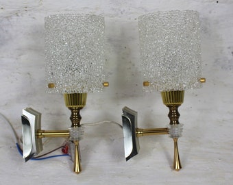 2 wall sconce, lucite bedroom lights, Mid century modern, French wall lights, plexiglass sugar shades, French vintage, 1970's lighting.