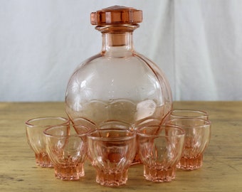 Decanter and glasses set, French pink / peach glass, 500ml decanter and 6 glasses, French vintage, retro glassware, 1970's. 3 available.