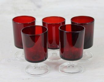 5 red glasses 12cl, Luminarc cavalier, ruby red, 10.5cm, stem glasses, Luminarc glasses, French vintage, 1970's glassware, retro dining.