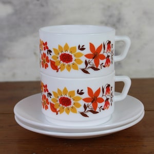 Vintage Arcopal Coffee Cups: Orange Floral Milk Glass, 1970s Retro Kitchenware