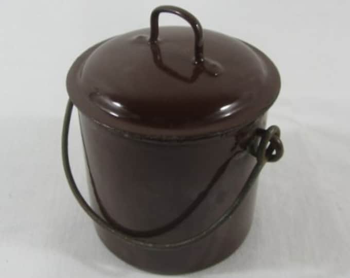 French Vintage, Enamel Pail With Lid, Brown Enamelware, Tin Lunch Box